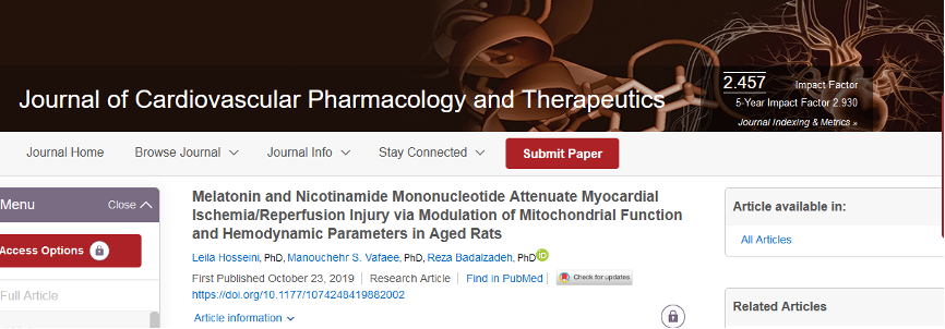 图2 《心血管药理学和治疗学杂志》发表的文章称，褪黑素和NMN通过调节线粒体功能和血流动力学参数减轻老年大鼠心肌缺血/再灌注损伤。